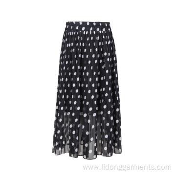 Women Pleated Black Dot Elastic Waist Skirt